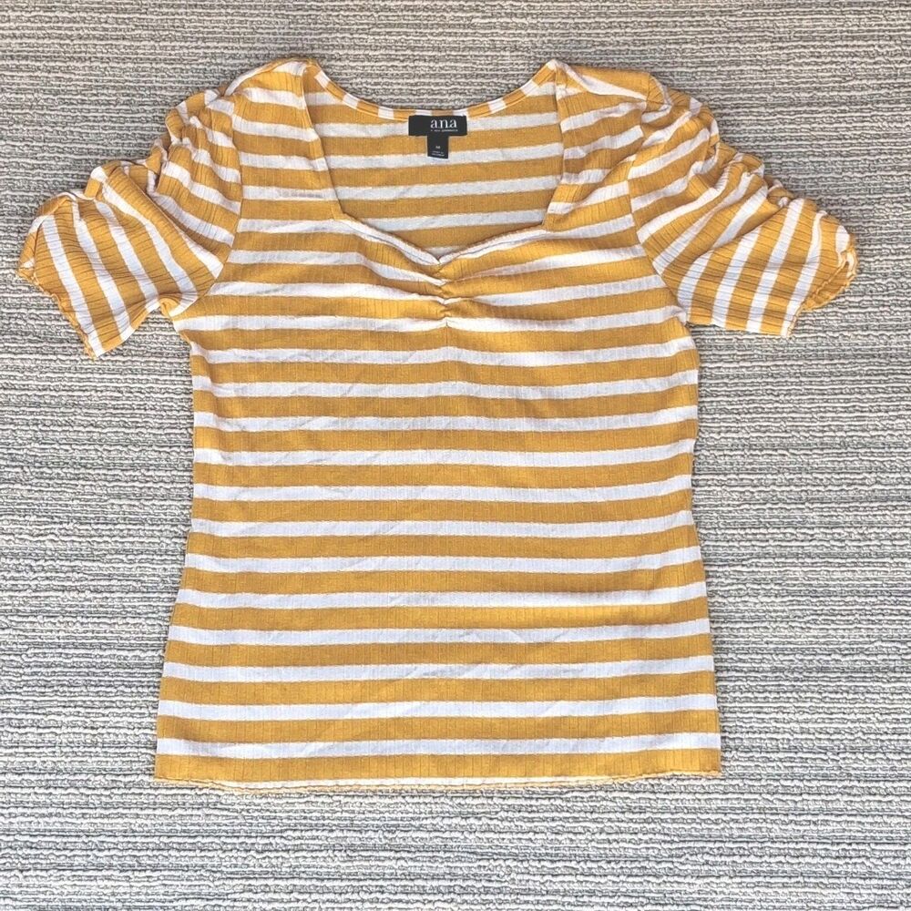 ANA A New Approach Yellow White Striped Ribbed Short Sleeve Knit Top Shirt  Sz M